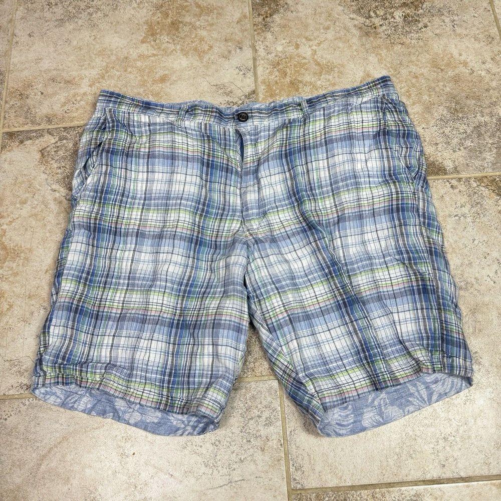 Tommy Bahama Reversible Linen Madras Shorts Mens 40 Floral Blue Multi Plaid